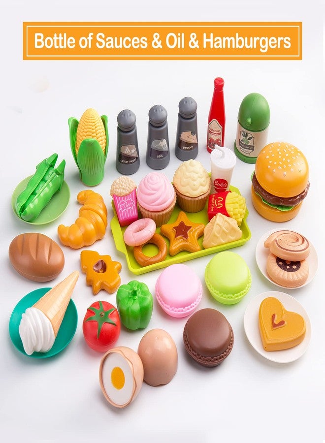 Funpynani 130Pcs Kitchen Playset, Toddler Pretend Cooking Play Pots, Pans, Utensils Cookware, Daily Food Fruit Veges, Shopping Storage Basket, Dessert, Prop Money, Learning Gift for Child (Pink) - Image 5
